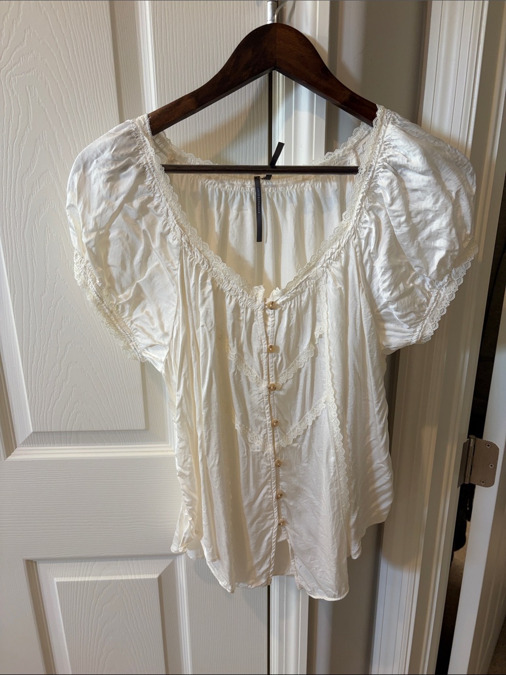 Anthropologie Cream Lace-Trim Button Front Blouse